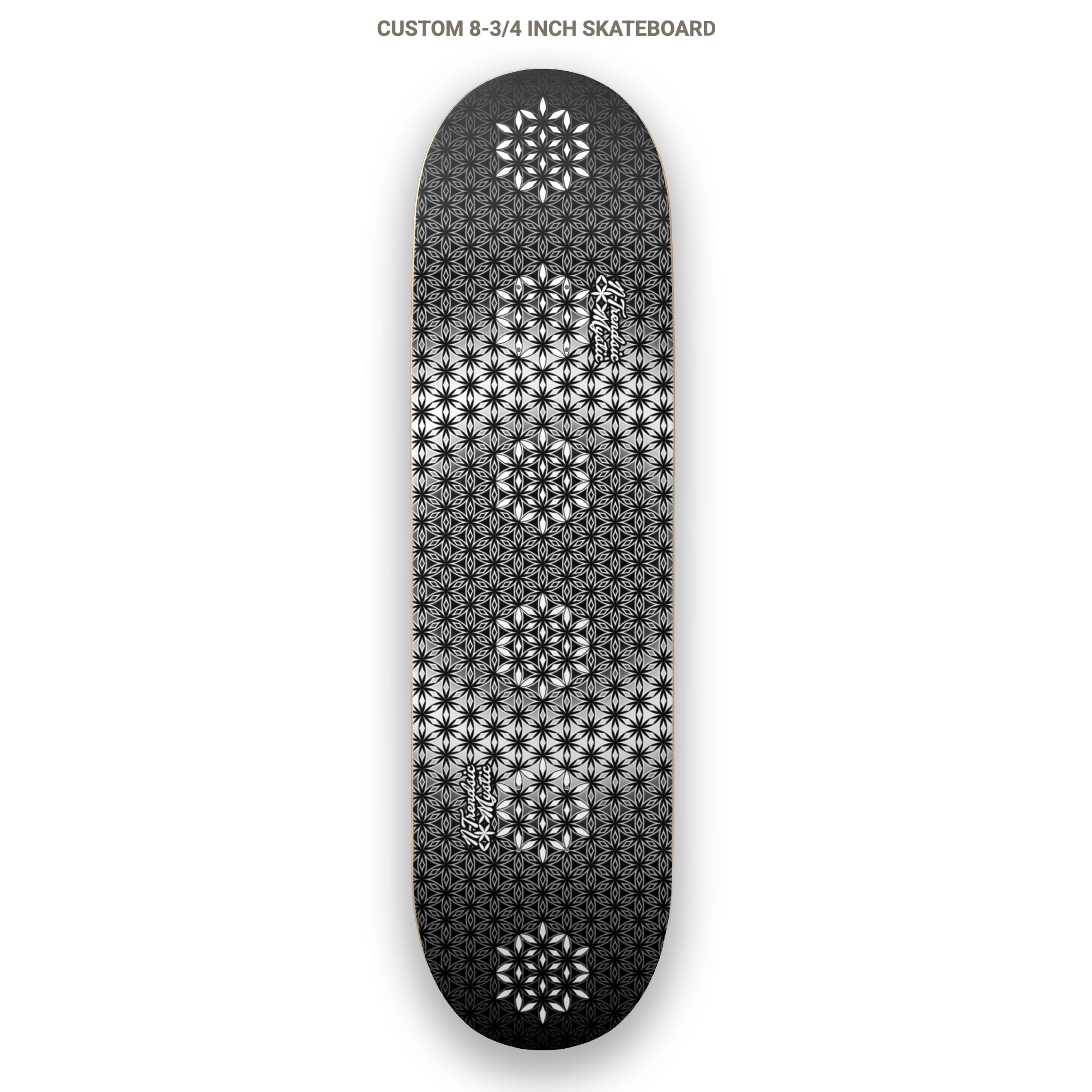 The Armory monochrome sacred geometry skateboard deck with repeating Flower of Life pattern on 7-ply Canadian maple, designed by NTrendSic Mystic.