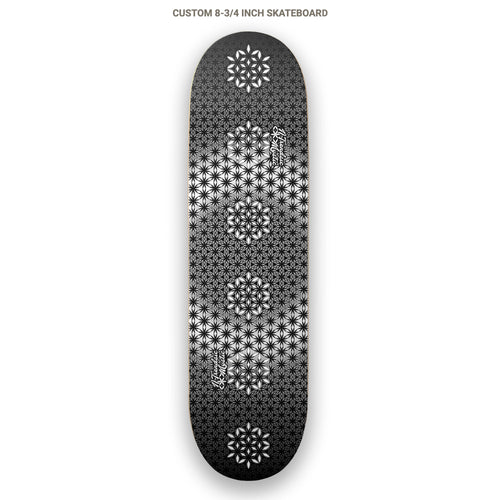The Armory monochrome sacred geometry skateboard deck with repeating Flower of Life pattern on 7-ply Canadian maple, designed by NTrendSic Mystic.