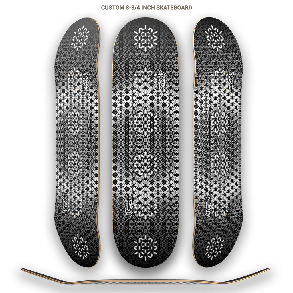 The Armory monochrome sacred geometry skateboard deck with repeating Flower of Life pattern on 7-ply Canadian maple, designed by NTrendSic Mystic.
