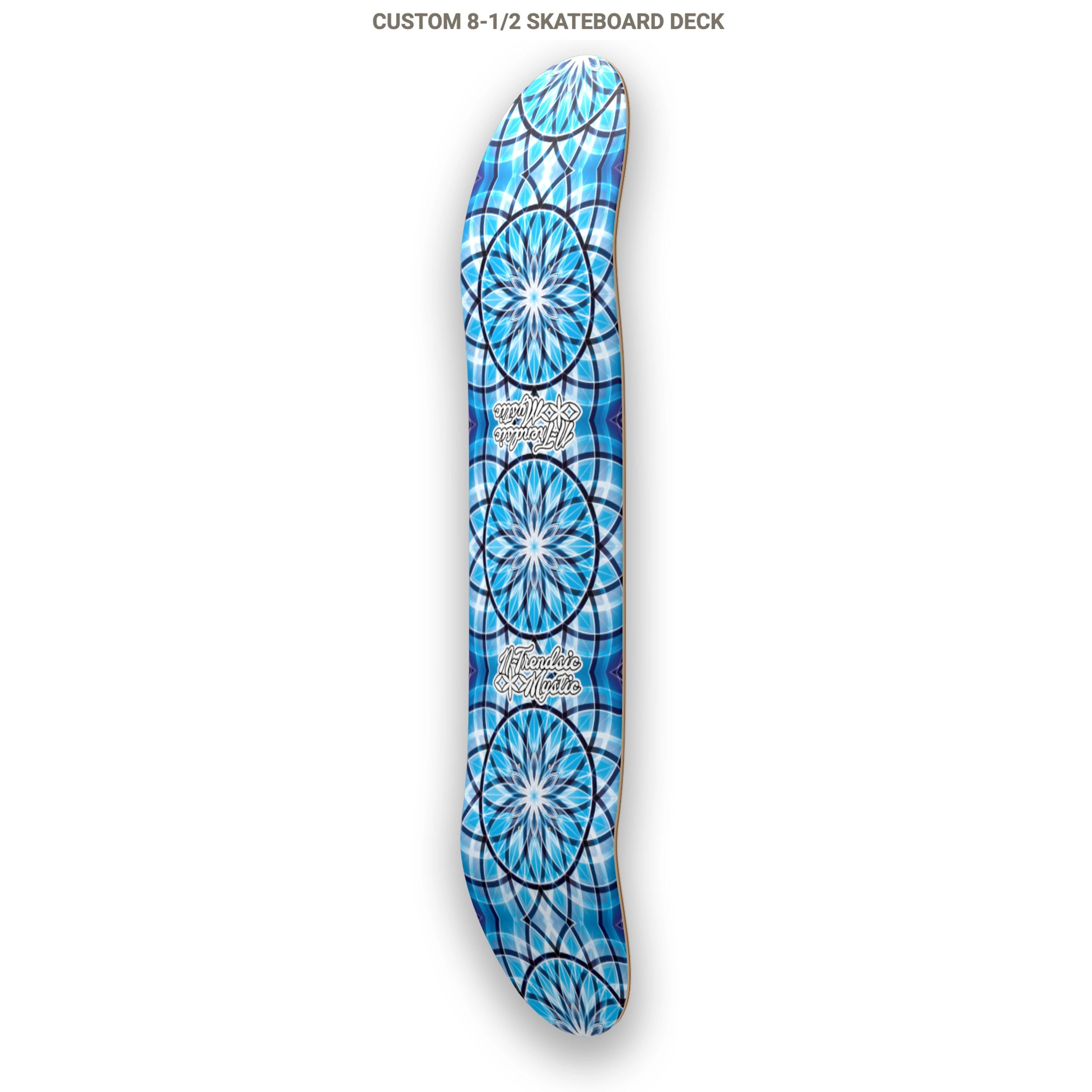 Blue and white patterned skateboard deck on a white background