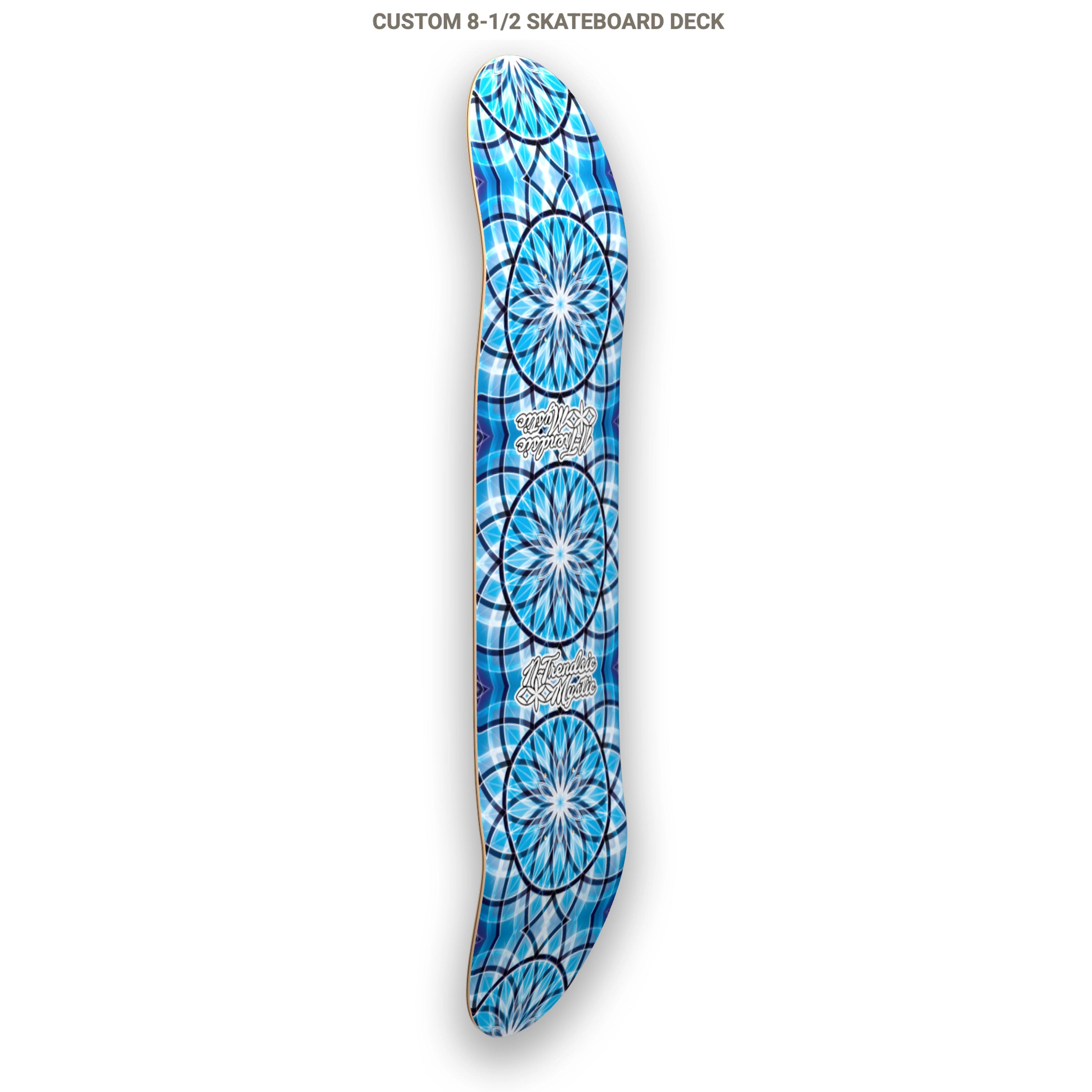 Blue and white geometric patterned skateboard deck on a white background