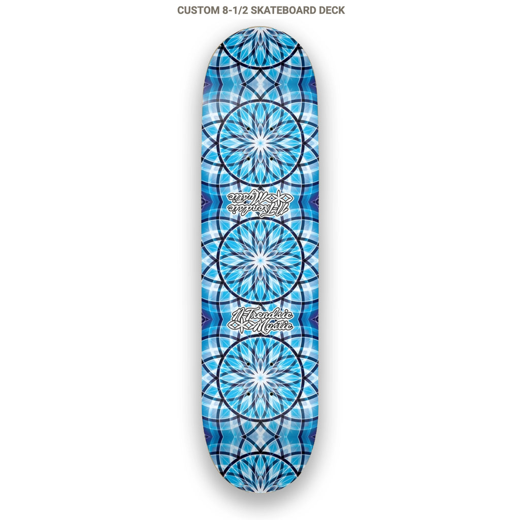 Blue geometric patterned skateboard deck on a white background