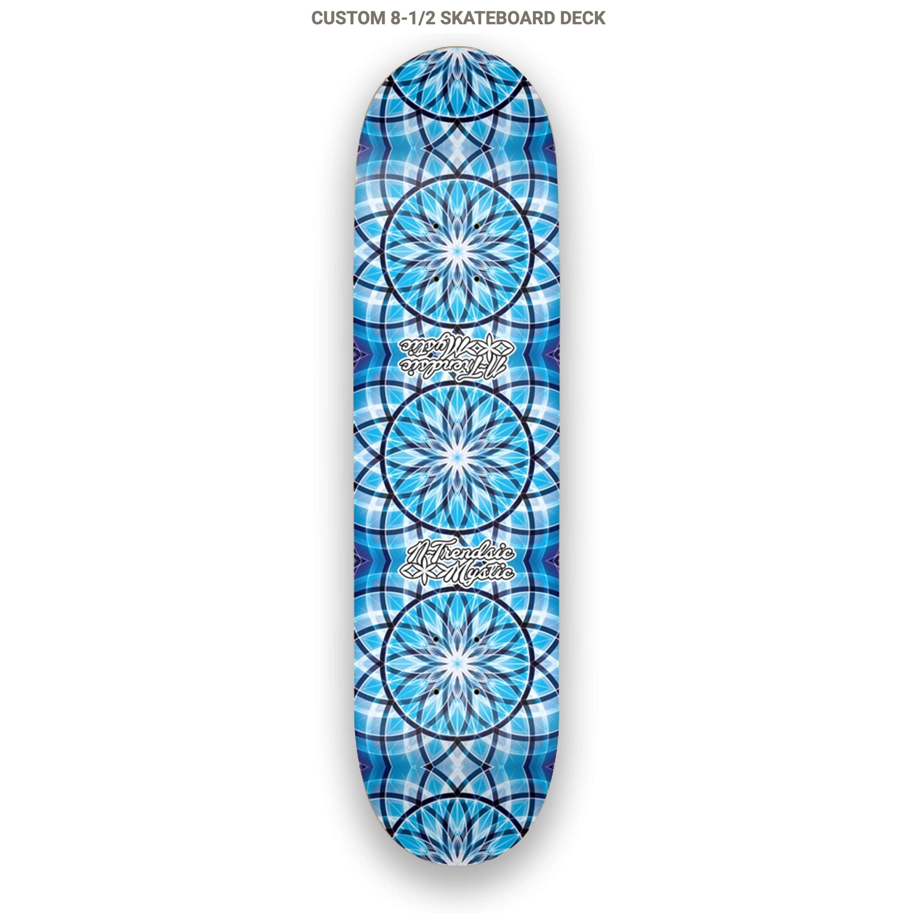 Blue geometric patterned skateboard deck on a white background