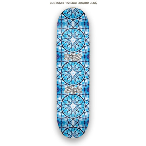 Blue geometric patterned skateboard deck on a white background