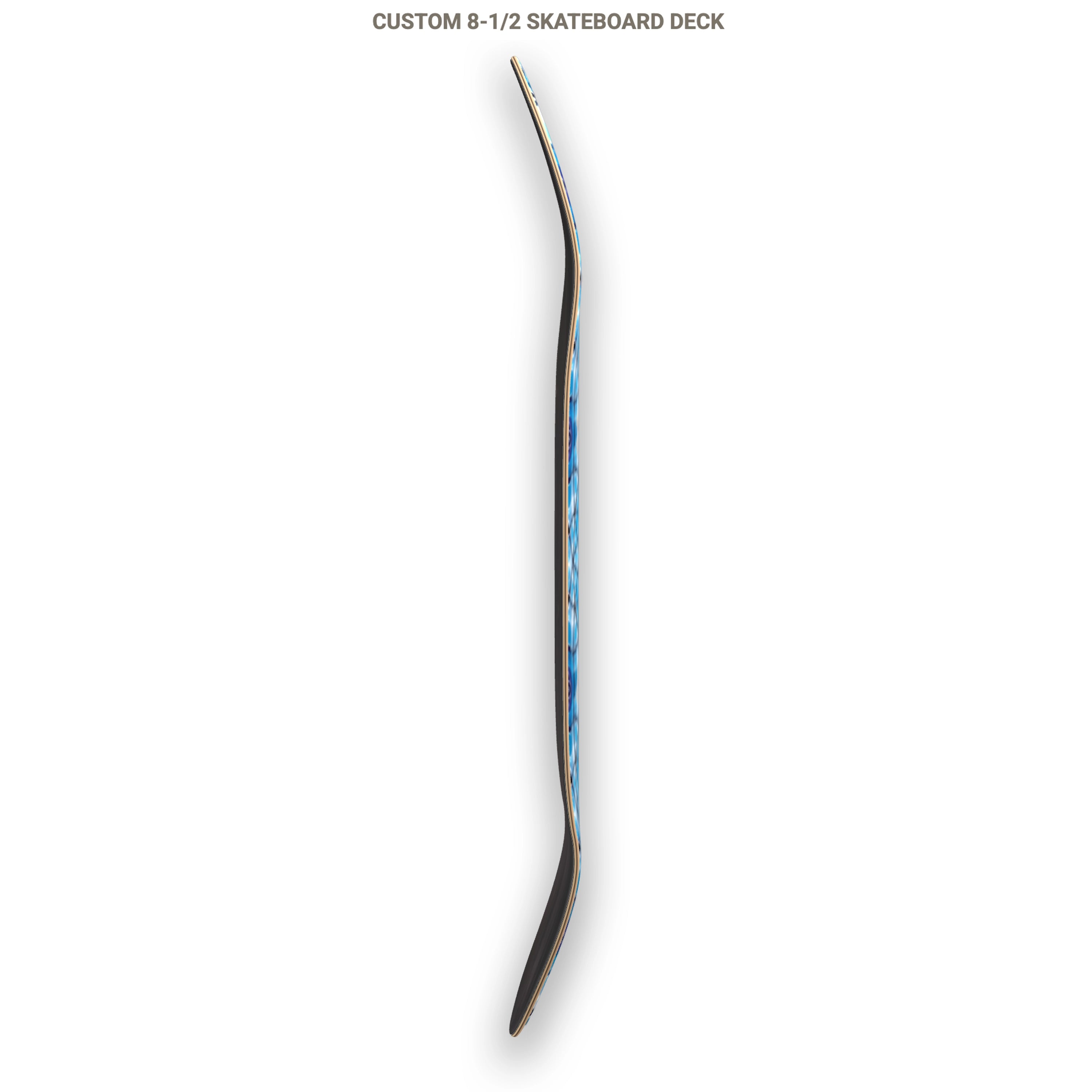 Custom 8-1/2 skateboard deck on a white background