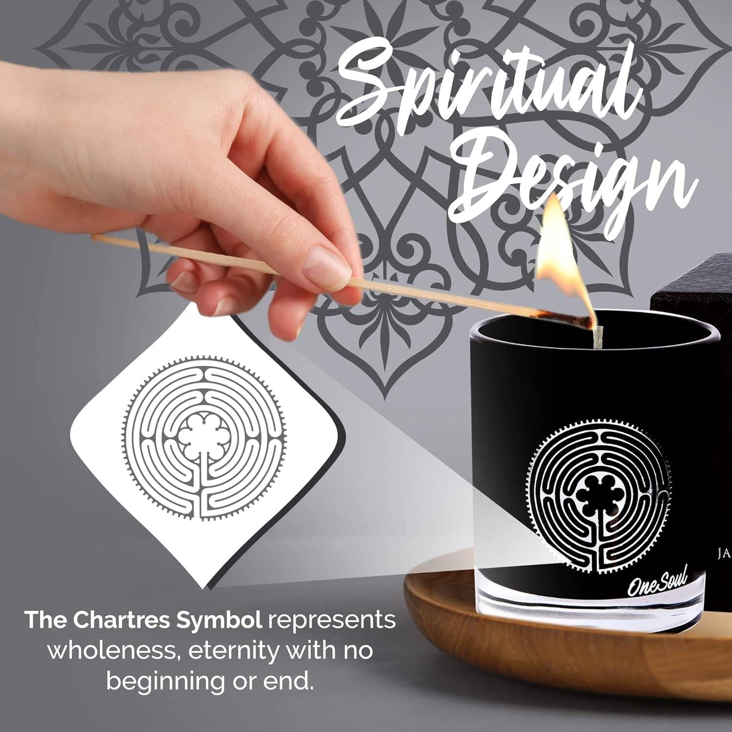 Luxury soy aromatherapy candle in black glass with sacred symbol design, available in multiple earthy and floral scents.