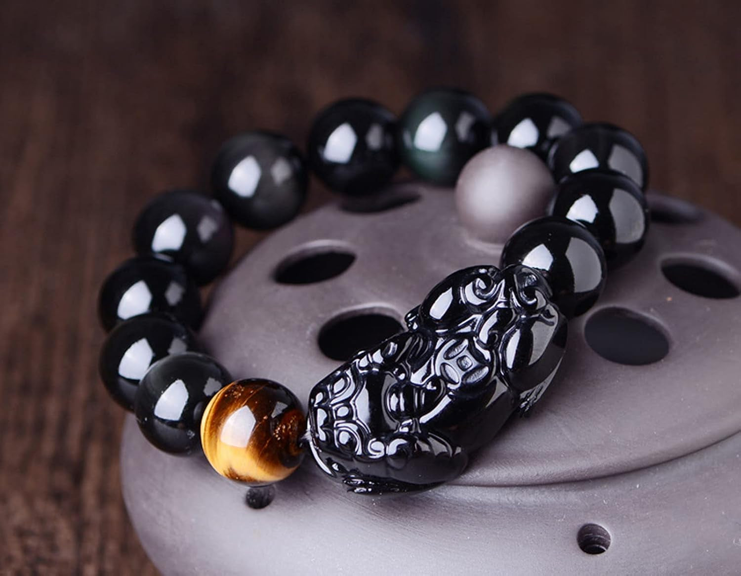 Black Obsidian & Tiger Eye Wealth Bracelet with Pixiu Charm | Feng Shui Protection & Abundance