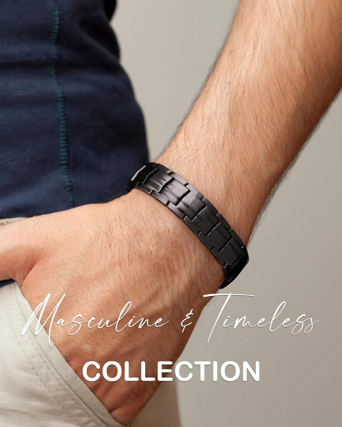 Solid copper magnetic bracelet with double-row wide-link design, available in Copper Black, Copper, and matching ring variations.