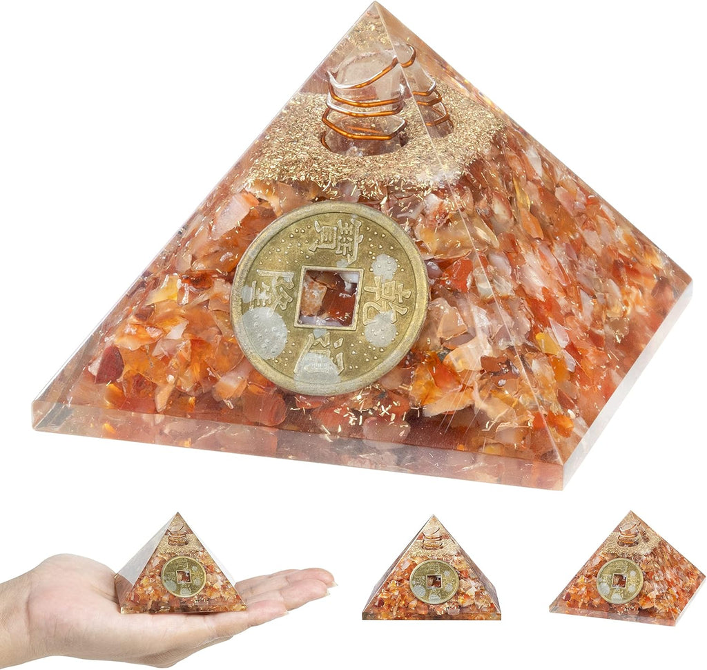 Handcrafted gemstone orgone pyramid with copper coil design, available in multiple decorative variations.