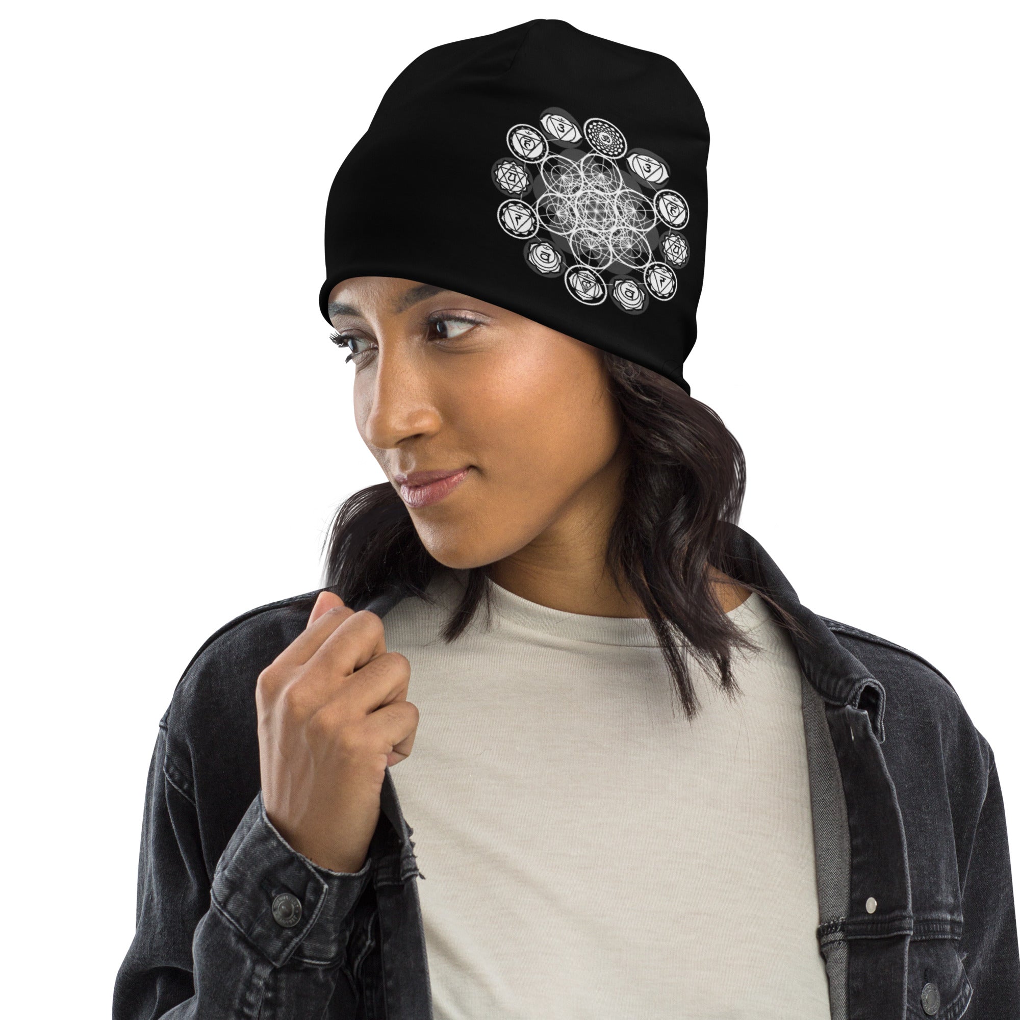 Mystic Symbols beanie — all-over print, double-layer knit; All-over print beanie — mystic glyph pattern (side view)