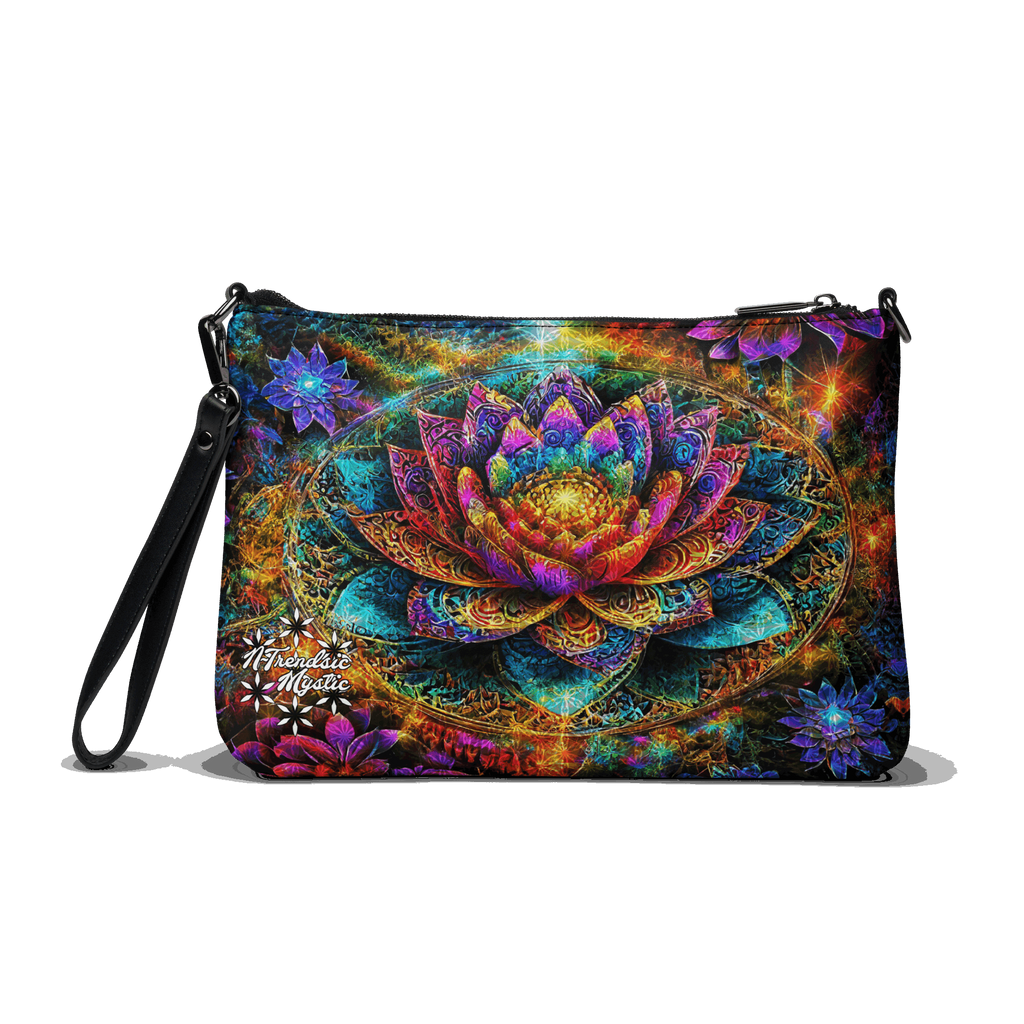 Mystic Abundance crossbody bag — radiant cosmic lotus design with golden filigree and adjustable strap