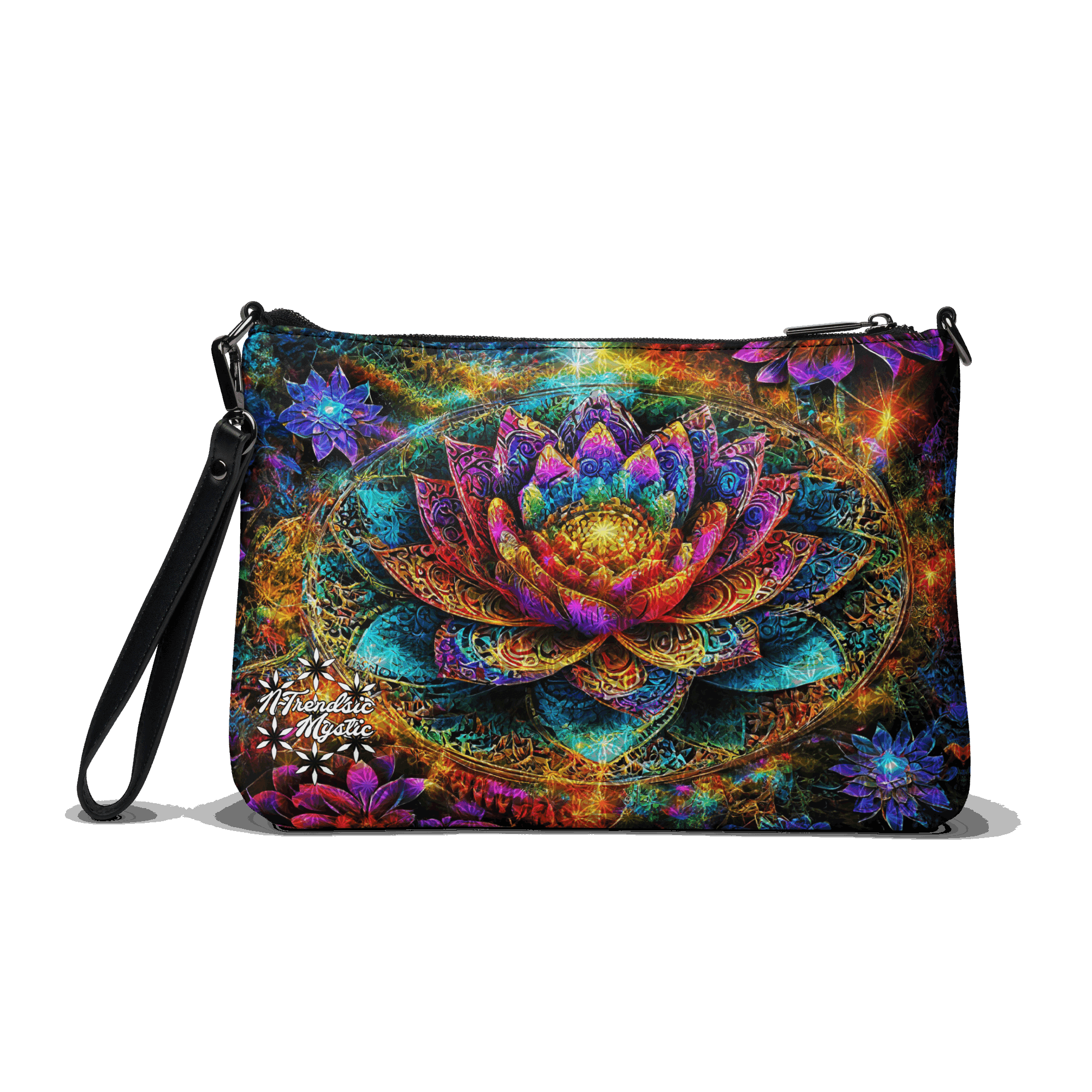 Mystic Abundance crossbody bag — radiant cosmic lotus design with golden filigree and adjustable strap
