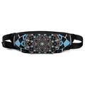 Quantum Bloom fanny pack with sacred geometry mandala in black, blue, and red tones