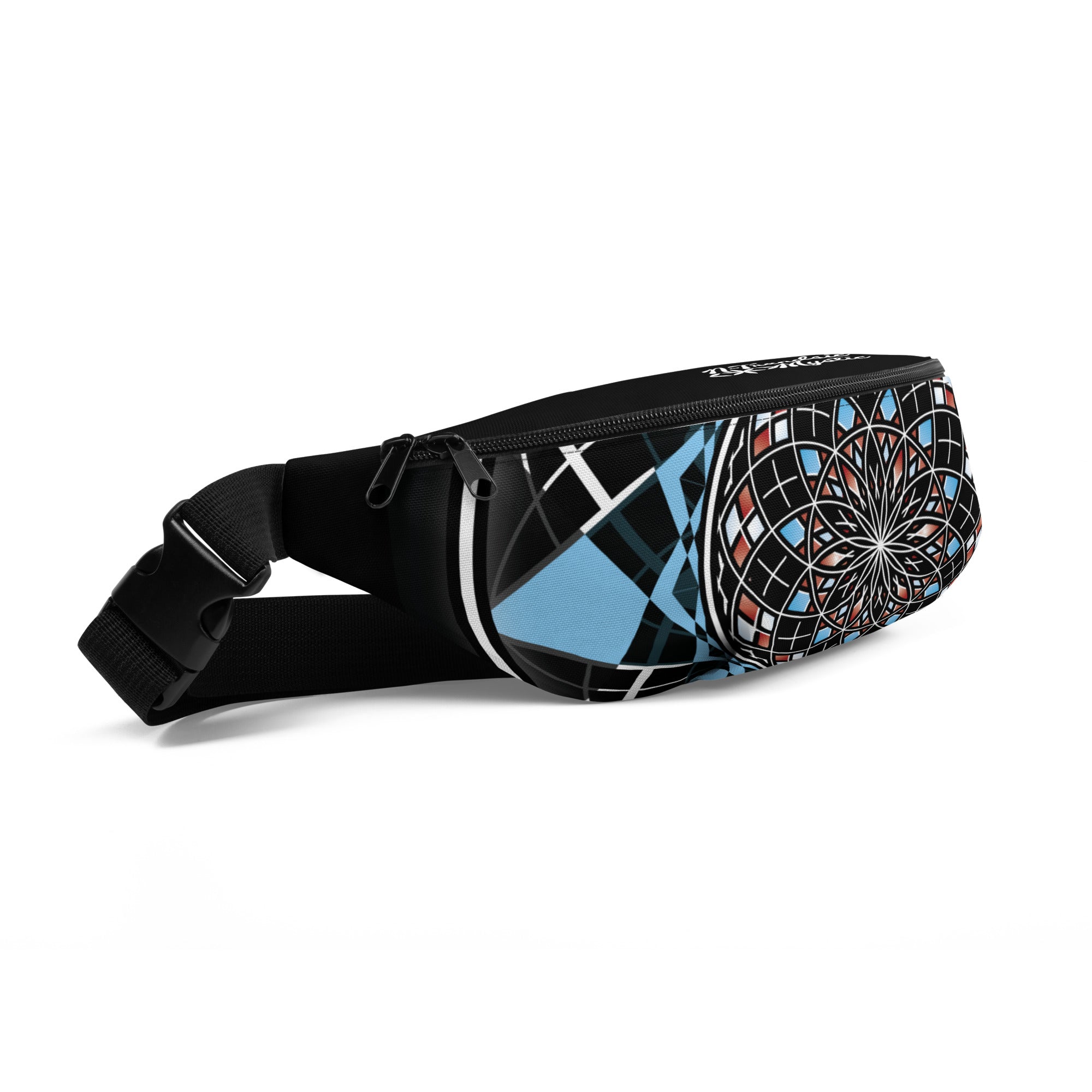 Quantum Bloom fanny pack with sacred geometry mandala in black, blue, and red tones