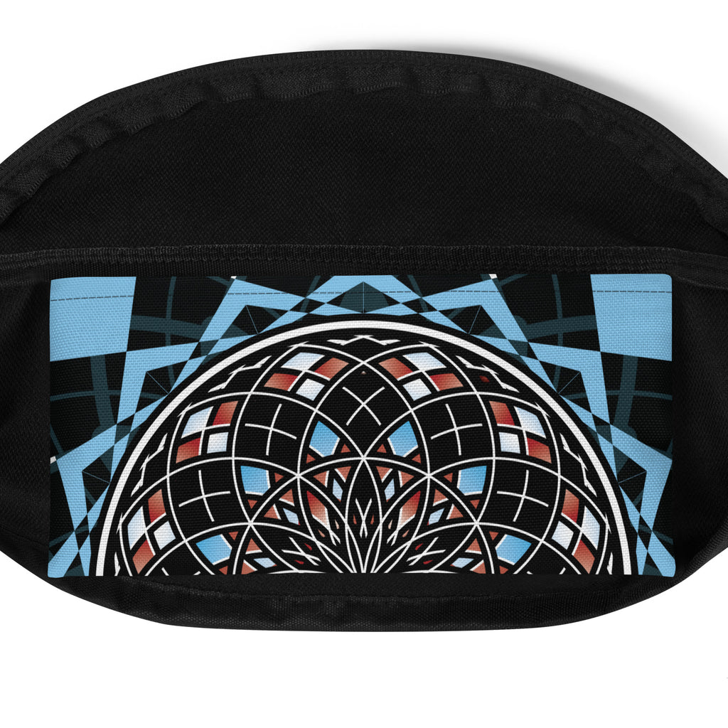 Quantum Bloom fanny pack with sacred geometry mandala in black, blue, and red tones