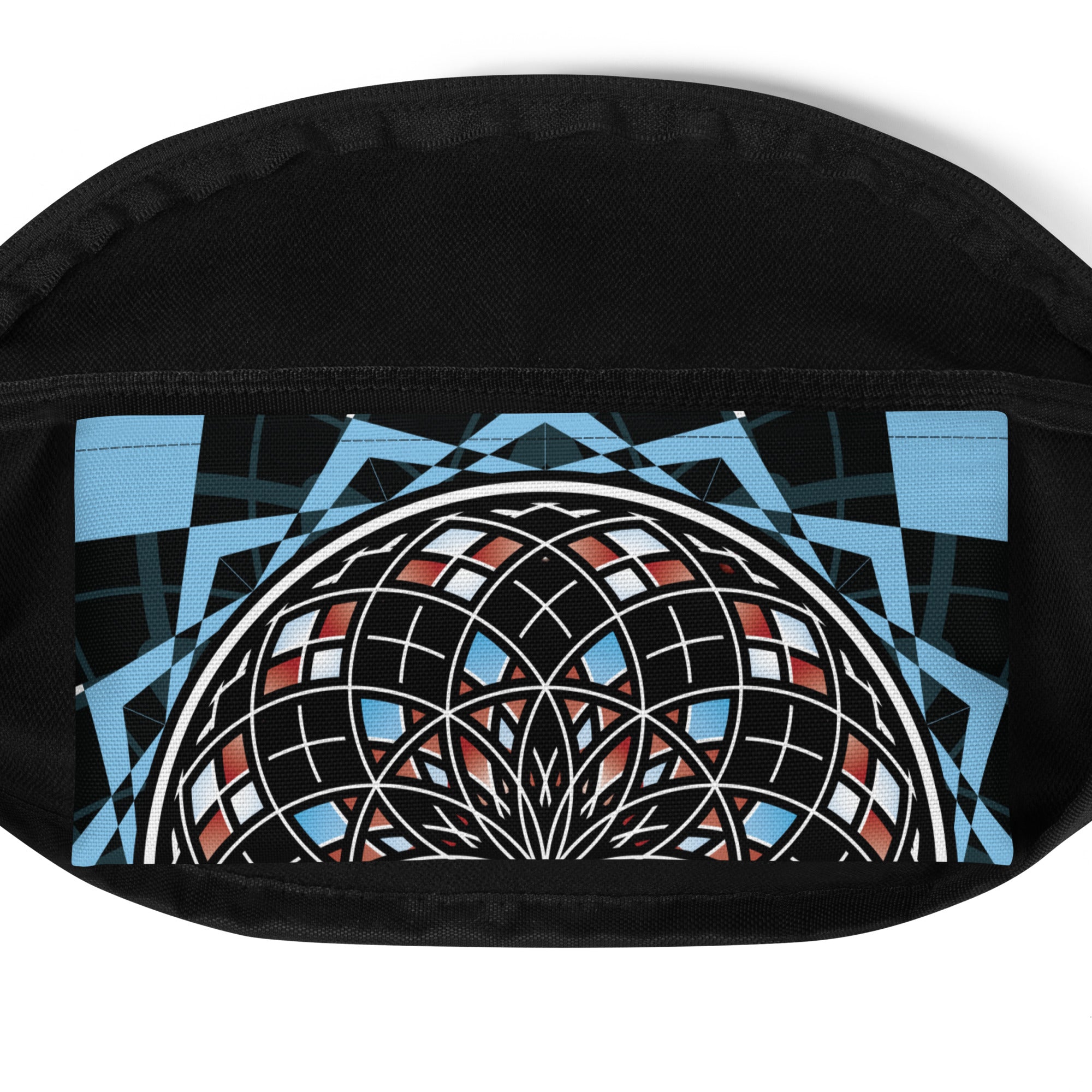 Quantum Bloom fanny pack with sacred geometry mandala in black, blue, and red tones