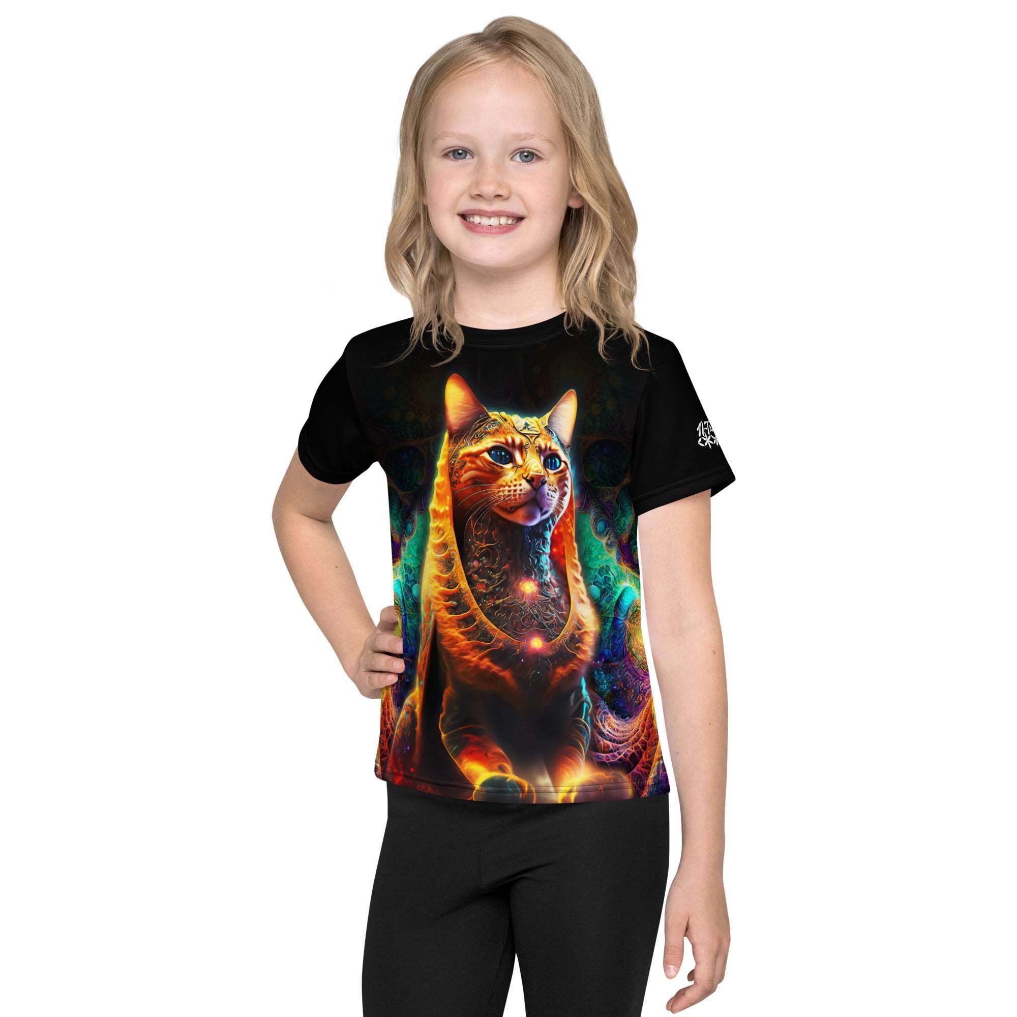 Cosmic Tobes kids’ t-shirt — galactic cat graphic (front); Cosmic Tobes kids tee — cosmic feline detail.