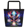 Large tote bag with original cosmic art print and sacred geometry, available with black, red, or yellow handles.