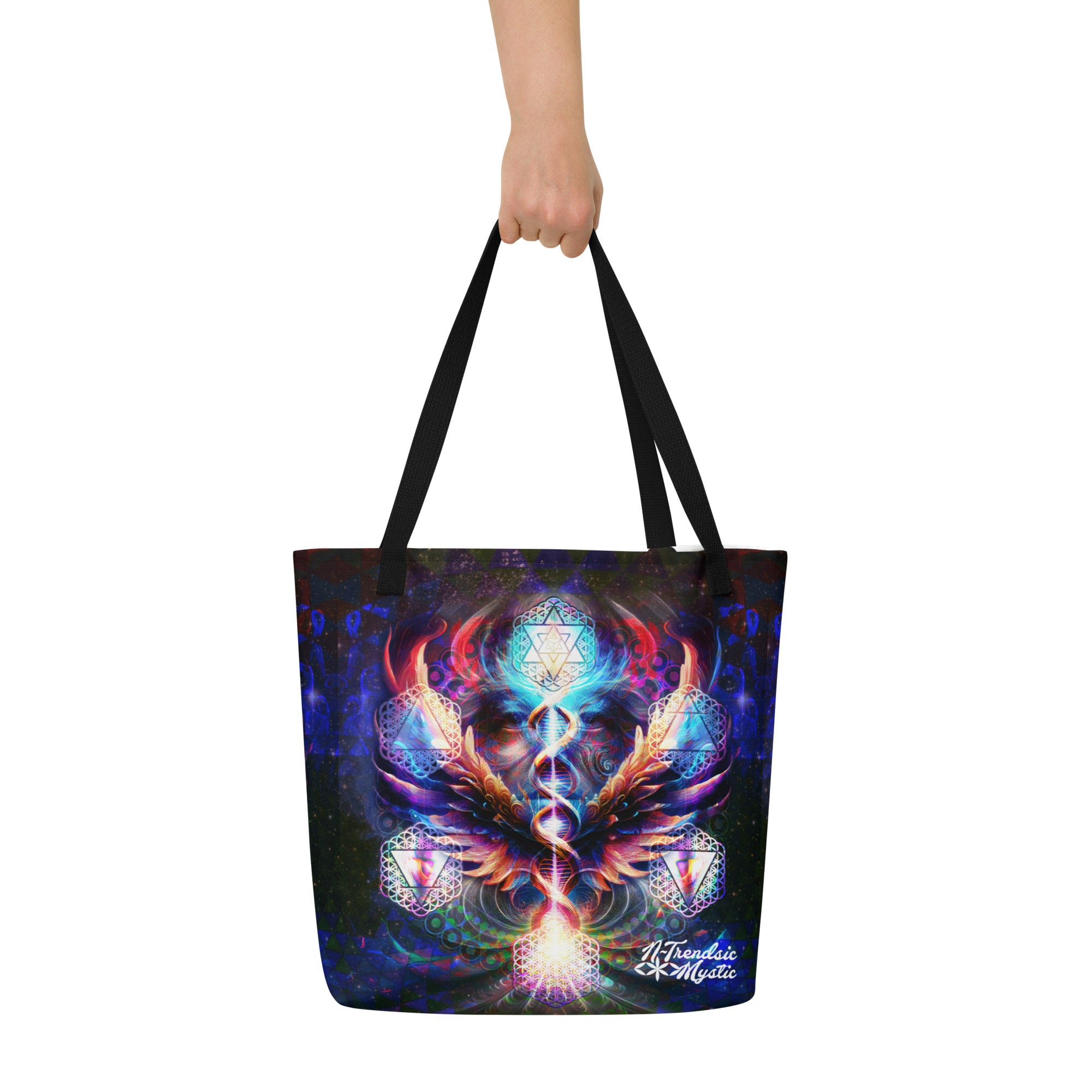 Large tote bag with original cosmic art print and sacred geometry, available with black, red, or yellow handles.