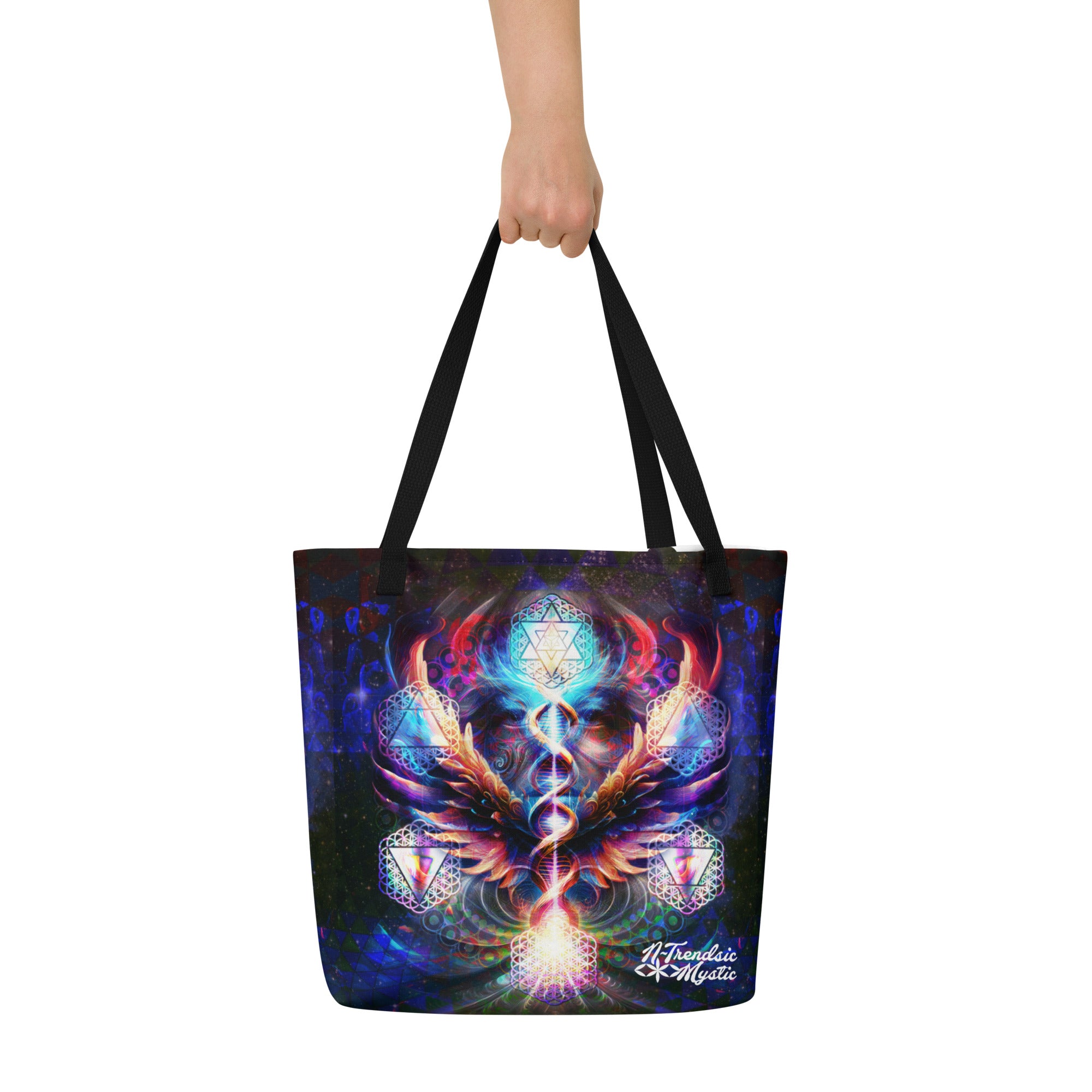 Large tote bag with original cosmic art print and sacred geometry, available with black, red, or yellow handles.