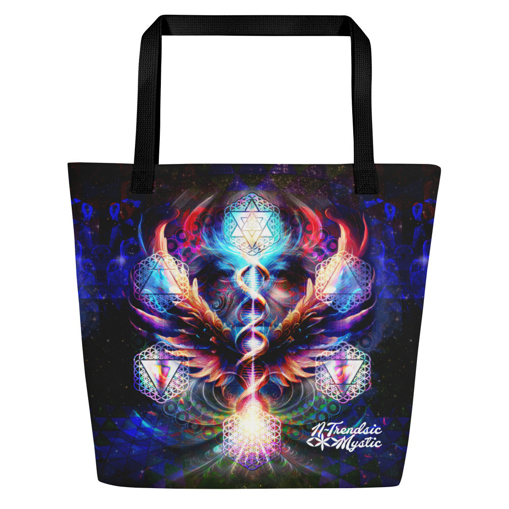 Large tote bag with original cosmic art print and sacred geometry, available with black, red, or yellow handles.