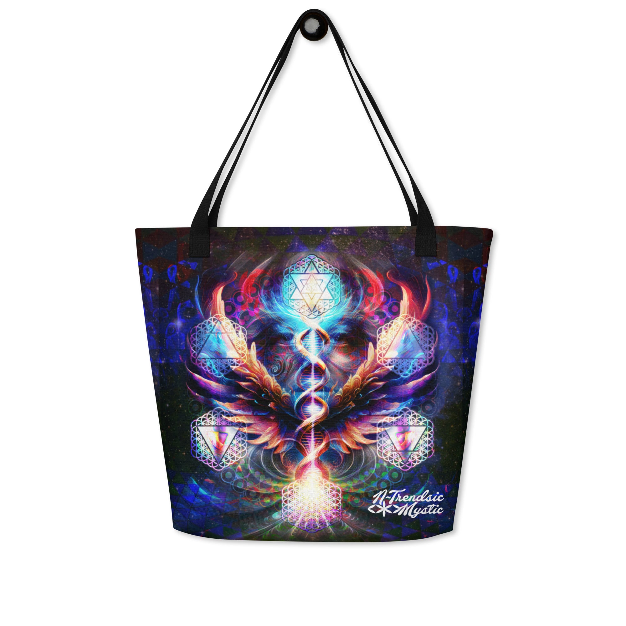 Large tote bag with original cosmic art print and sacred geometry, available with black, red, or yellow handles.