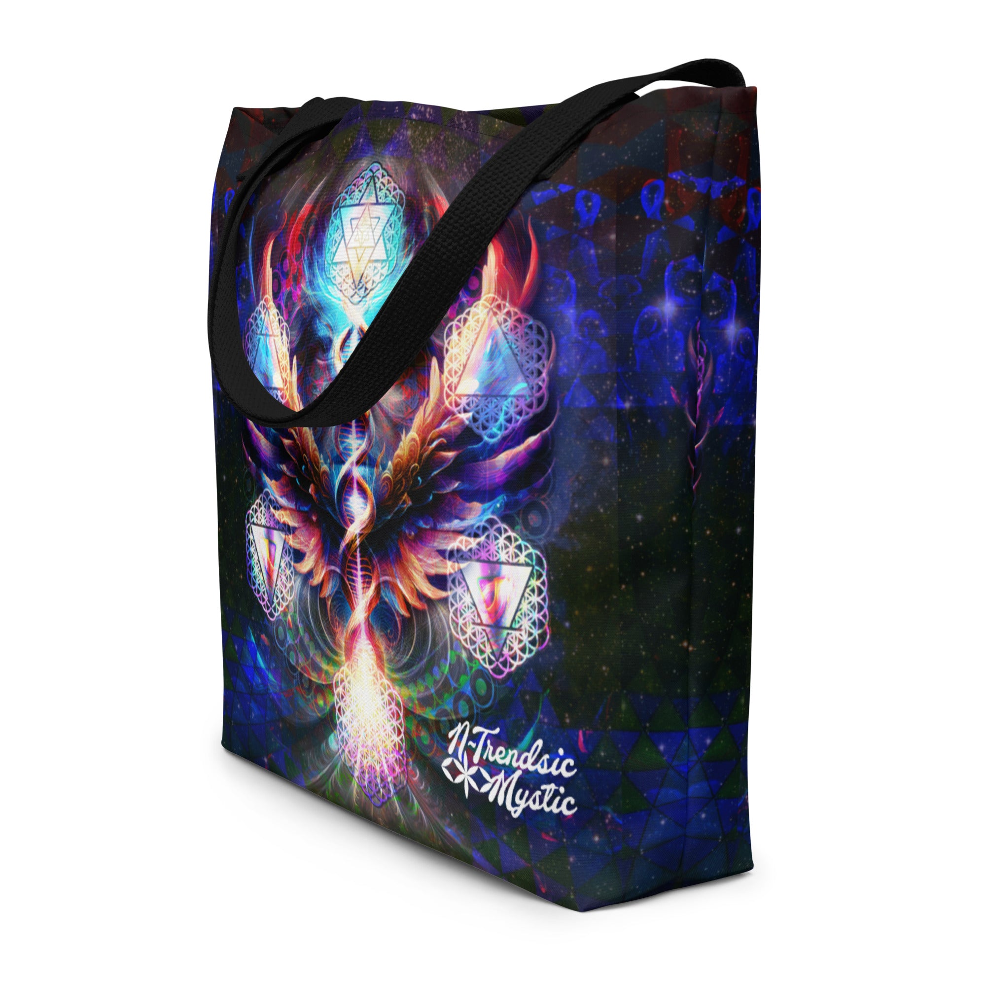 Large tote bag with original cosmic art print and sacred geometry, available with black, red, or yellow handles.