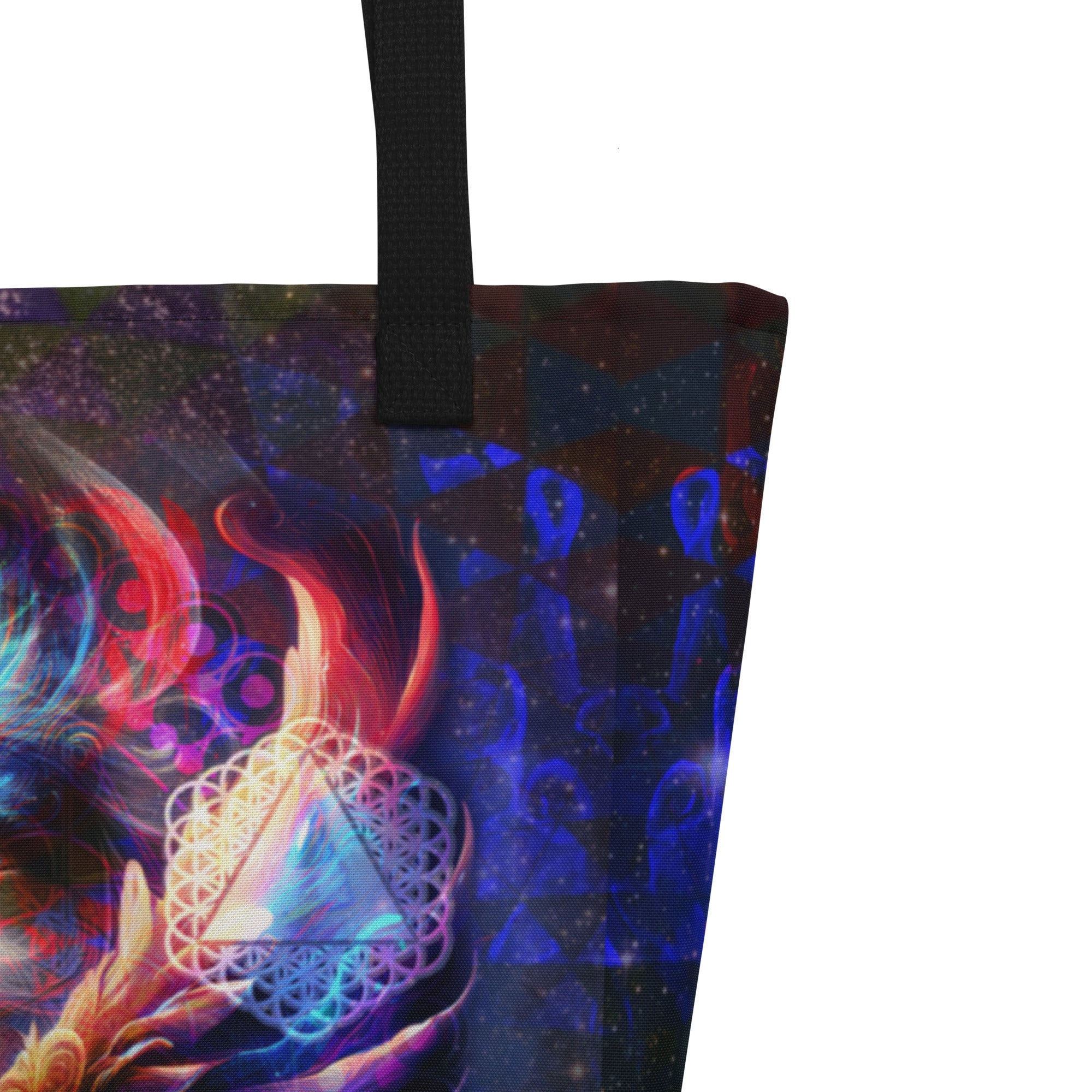 Large tote bag with original cosmic art print and sacred geometry, available with black, red, or yellow handles.