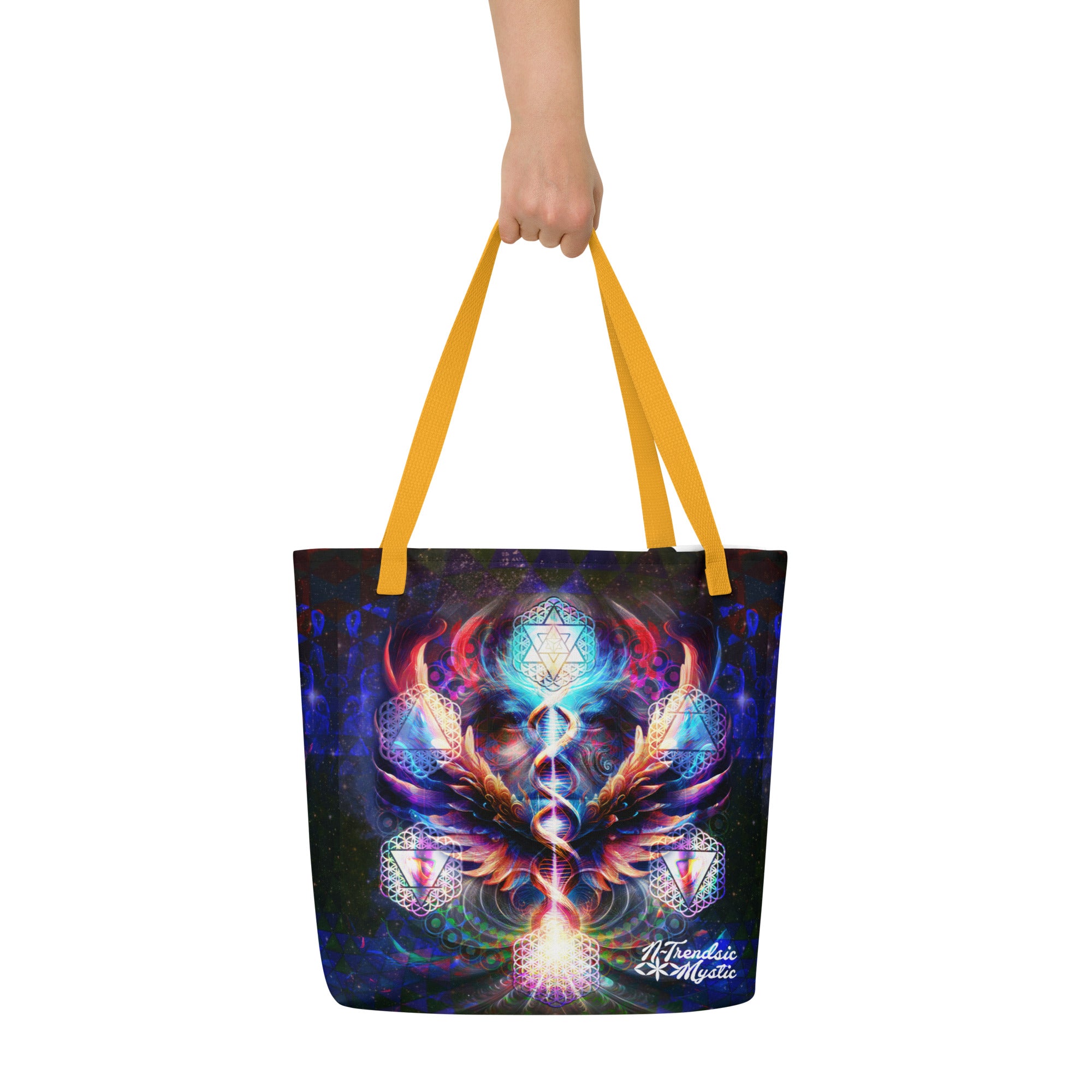 Large tote bag with original cosmic art print and sacred geometry, available with black, red, or yellow handles.