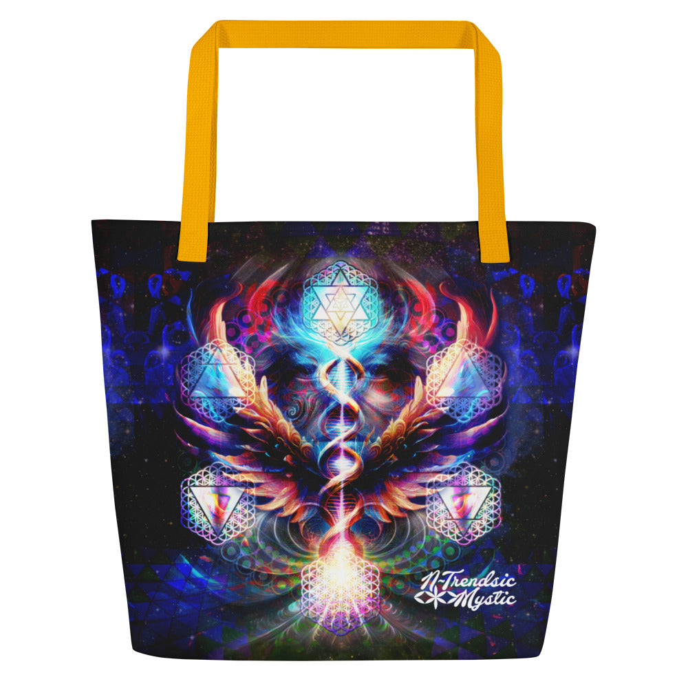 Large tote bag with original cosmic art print and sacred geometry, available with black, red, or yellow handles.