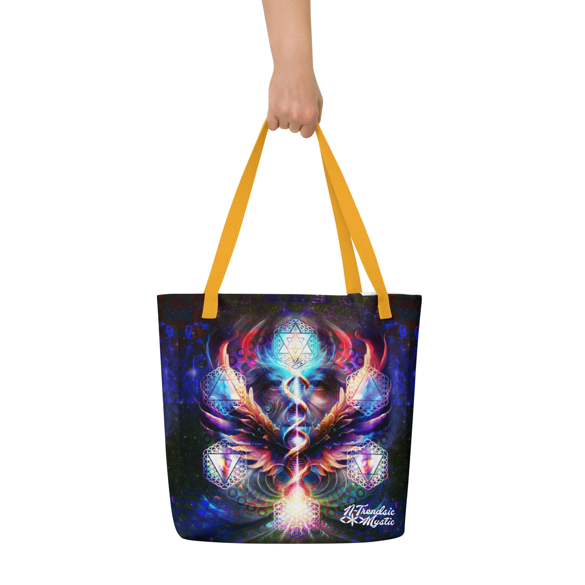 Large tote bag with original cosmic art print and sacred geometry, available with black, red, or yellow handles.