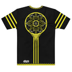 Black and yellow Solaris Prime sacred geometry all over print cotton t-shirt back view