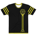 Black t-shirt with yellow geometric design on a white background