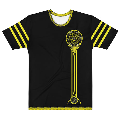 Black t-shirt with yellow geometric design on a white background