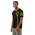 Side angle view of Solaris Prime sacred geometry cotton t-shirt on model