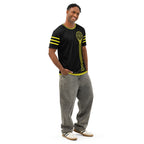 Model wearing black and yellow Solaris Prime sacred geometry all over print cotton t-shirt front view