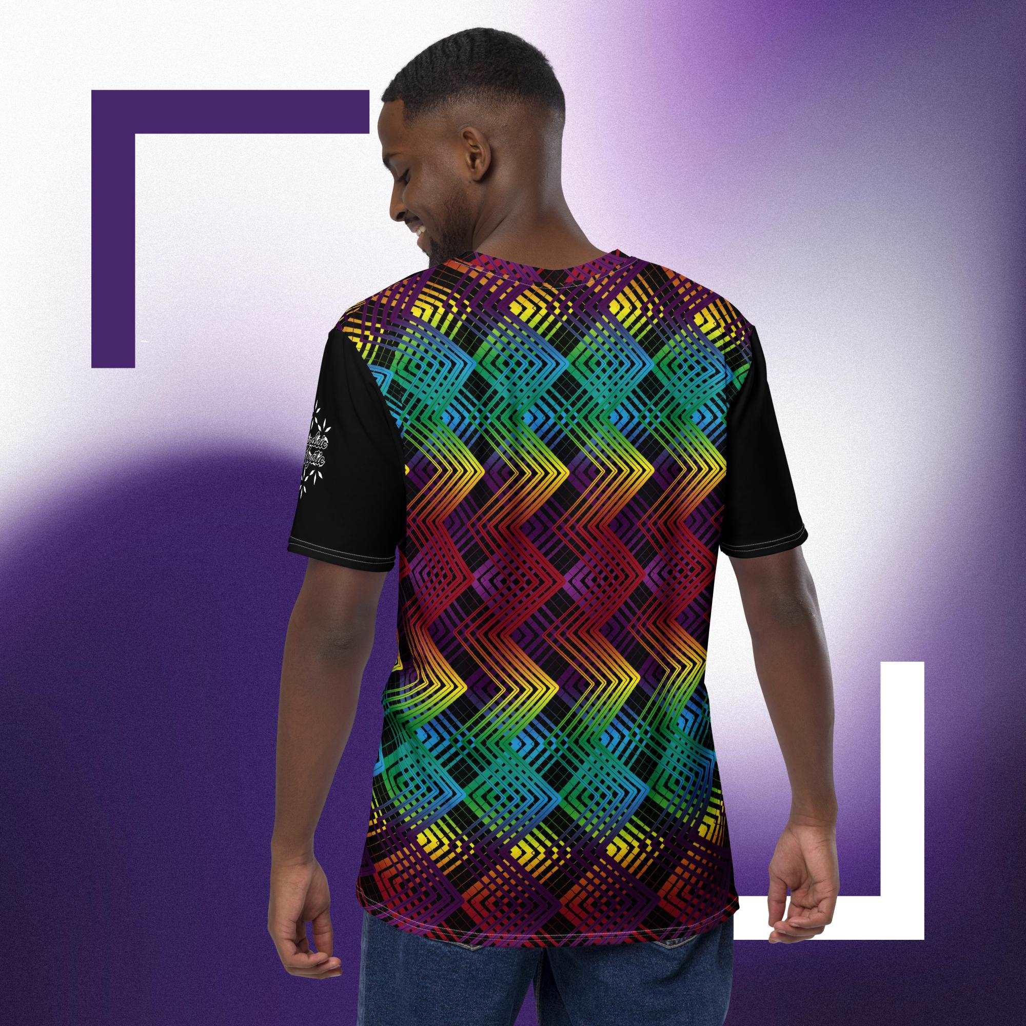 Chakra Zig-Zag men’s t-shirt — full spectrum print; Rainbow zig-zag chakra tee — Back view
