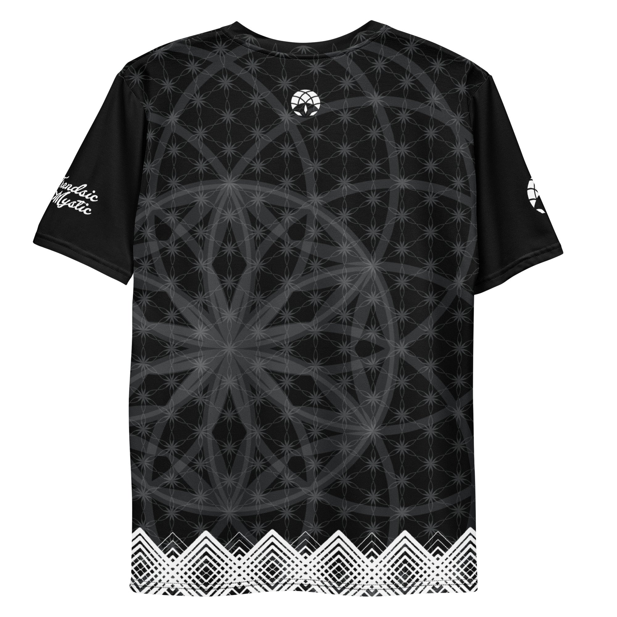 Men’s t-shirt with black sacred geometry print, white diamond trim at hem, and NTrendSic Mystic branding on back and sleeves.