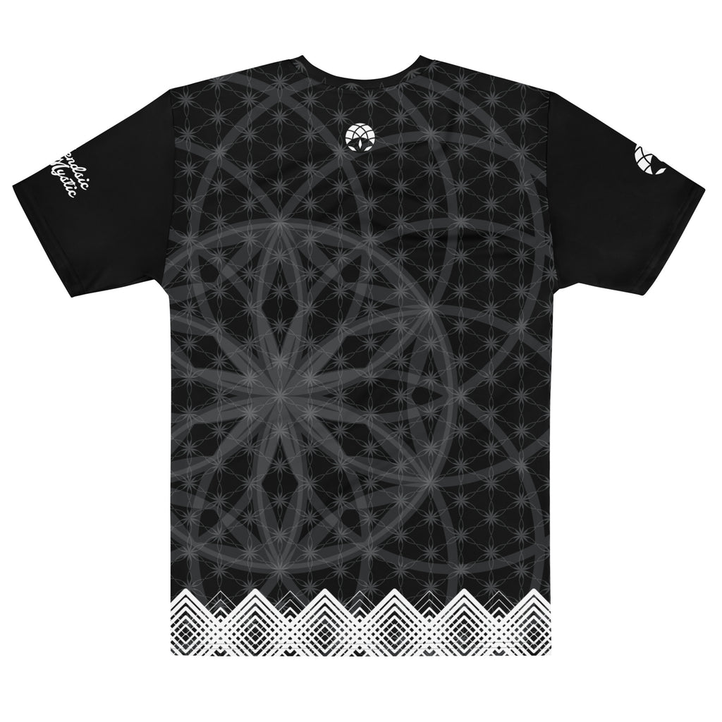 Men’s t-shirt with black sacred geometry print, white diamond trim at hem, and NTrendSic Mystic branding on back and sleeves.