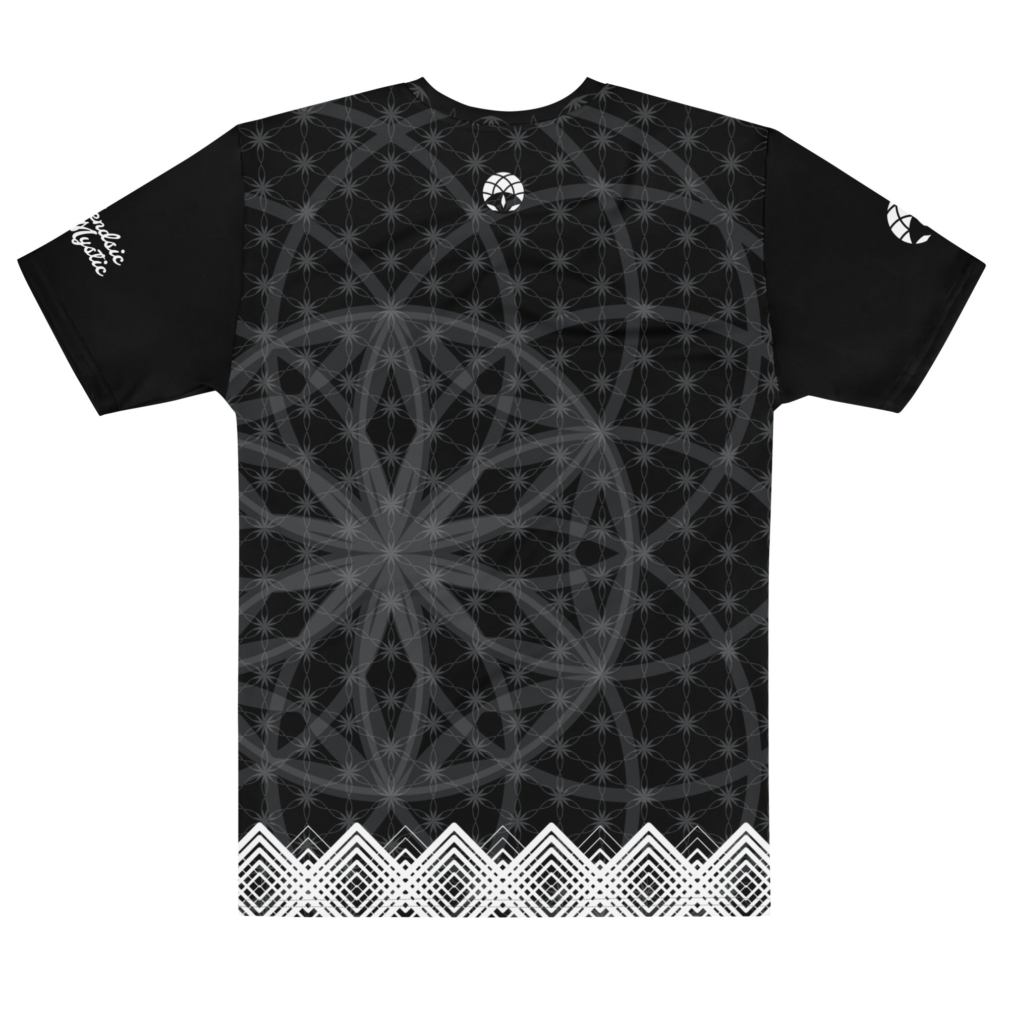 Men’s t-shirt with black sacred geometry print, white diamond trim at hem, and NTrendSic Mystic branding on back and sleeves.