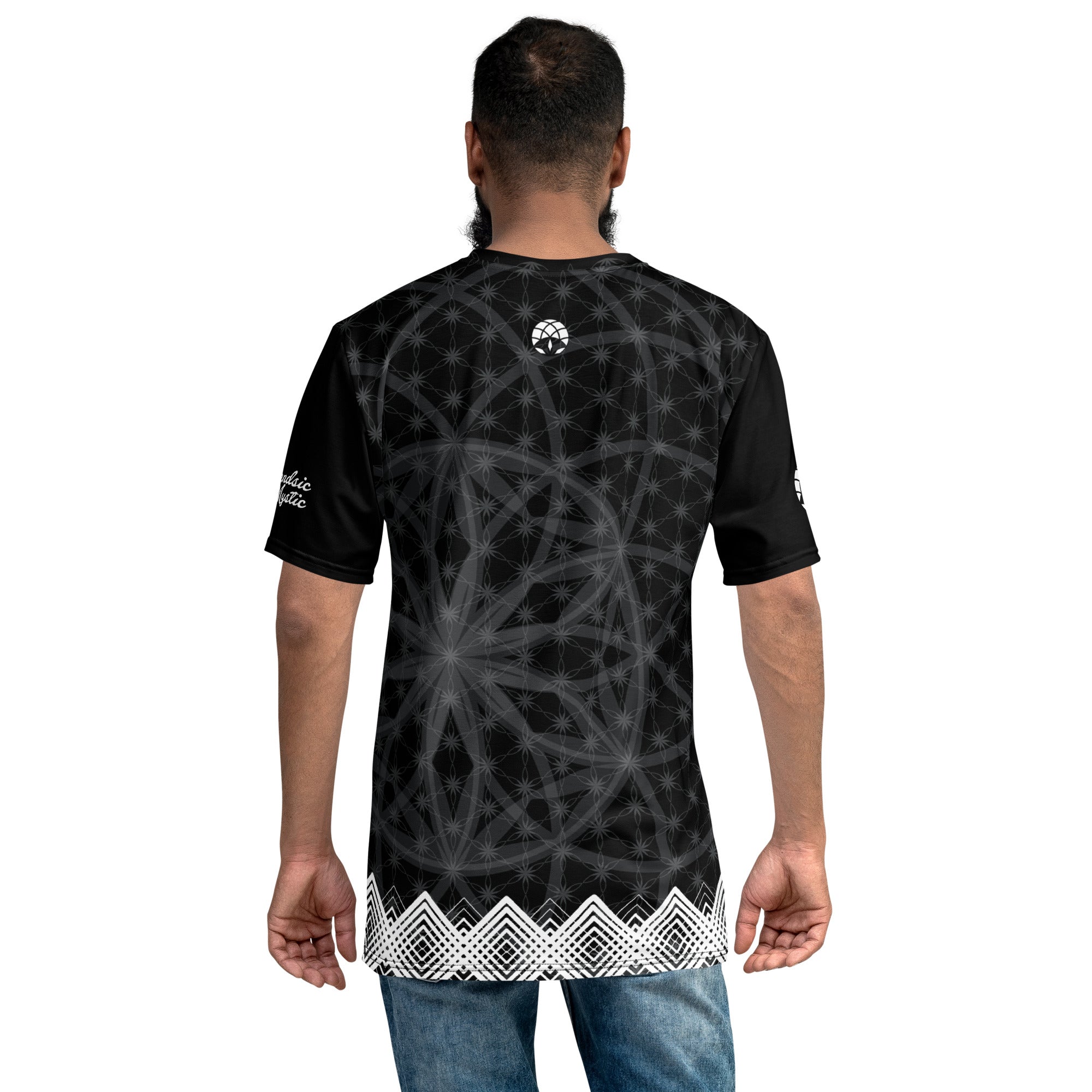 Men’s t-shirt with black sacred geometry print, white diamond trim at hem, and NTrendSic Mystic branding on back and sleeves.