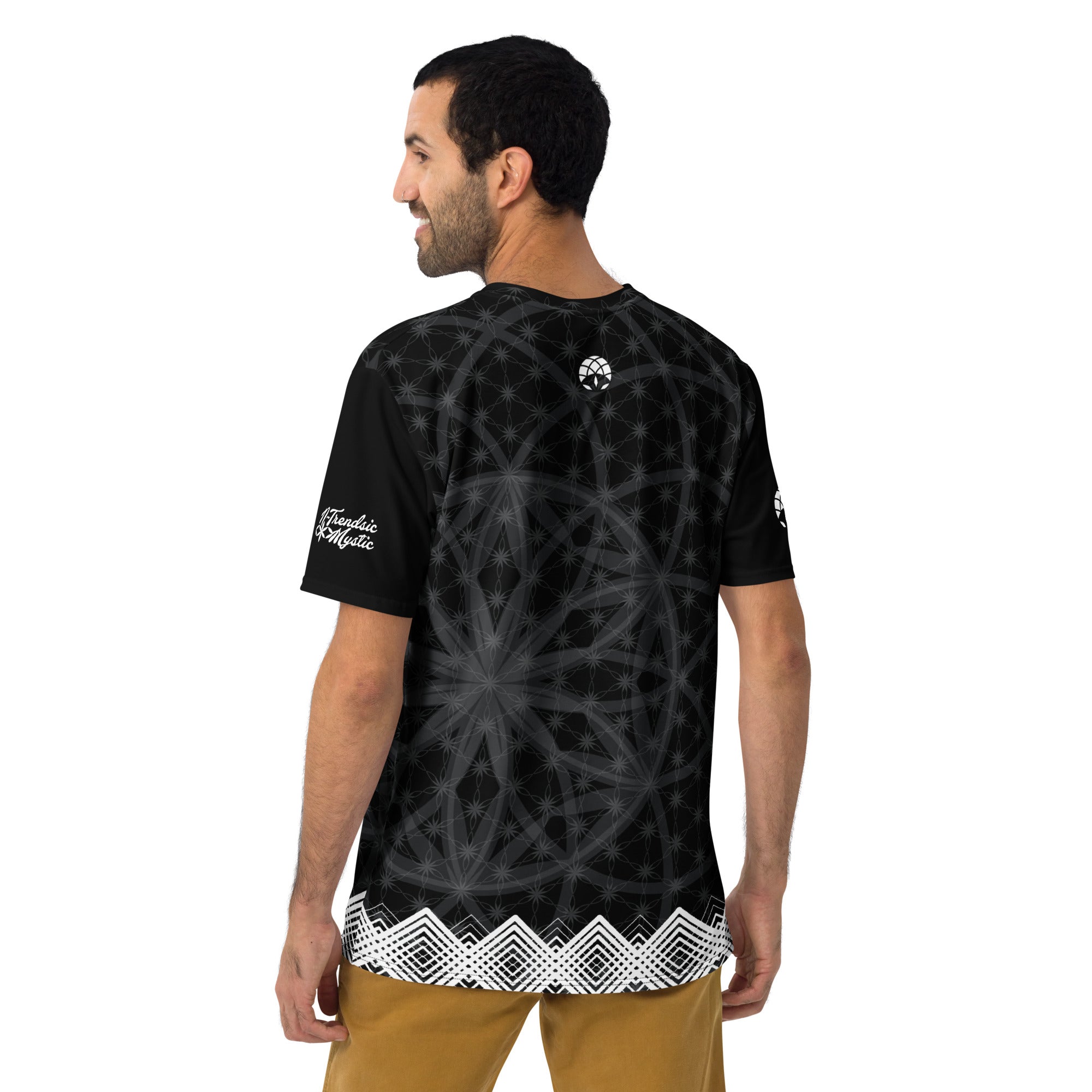 Men’s t-shirt with black sacred geometry print, white diamond trim at hem, and NTrendSic Mystic branding on back and sleeves.