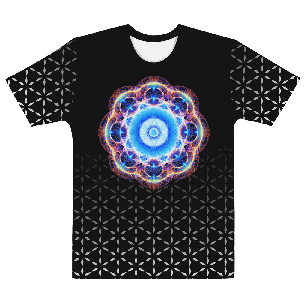 Sacred Blend men’s t-shirt — blue mandala on Flower-of-Life pattern (front); …pattern with logo at back neck (front)