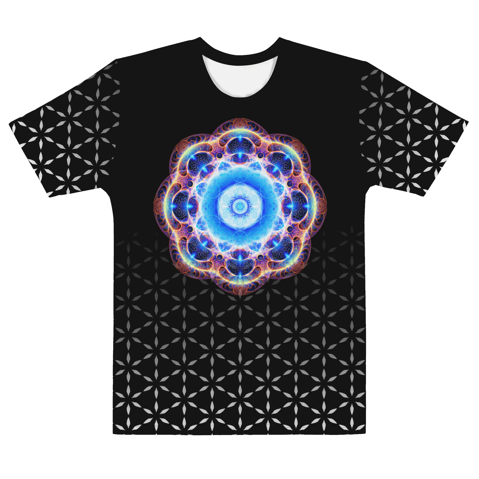 Sacred Blend men’s t-shirt — blue mandala on Flower-of-Life pattern (front); …pattern with logo at back neck (front)
