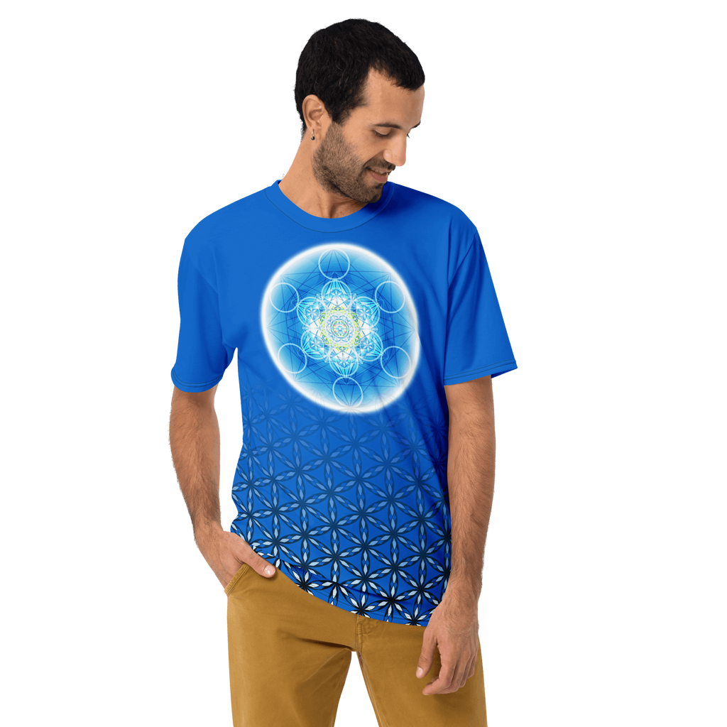 Sacred Nest men’s t-shirt — interlaced geometric linework (front); Sacred Nest tee — centered nest pattern, lifestyle view.