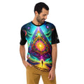 Avery’s Lazarus men’s t-shirt — golden path to cosmic pyramid, celestial spheres, sacred geometry front art