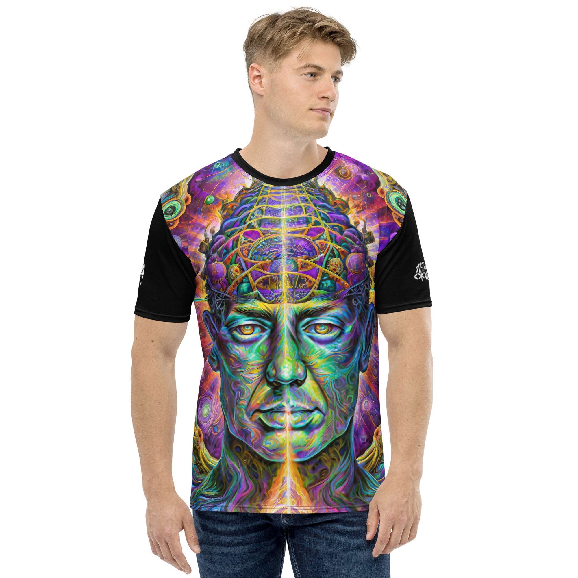 Mind of the All men’s t-shirt — visionary portrait with sacred geometry overlays on back