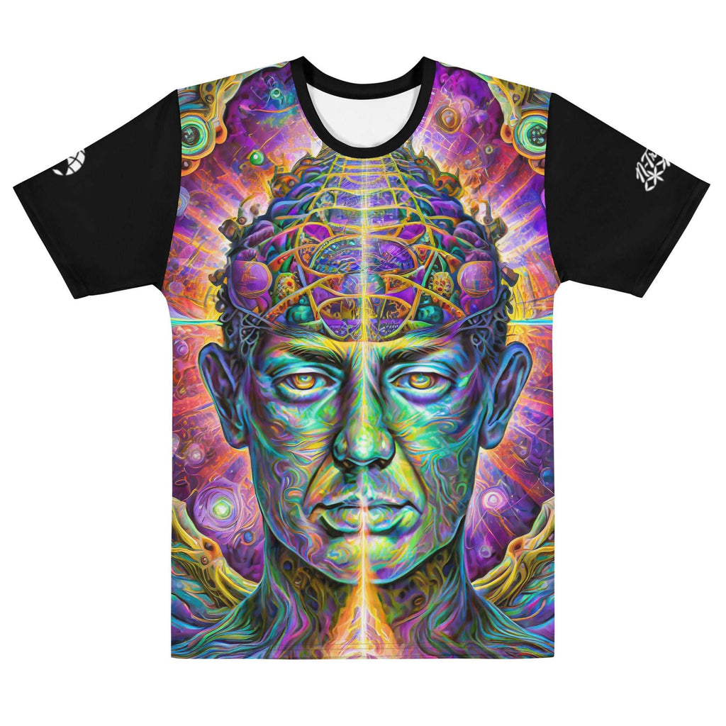 Mind of the All men’s t-shirt — visionary portrait with sacred geometry overlays on back