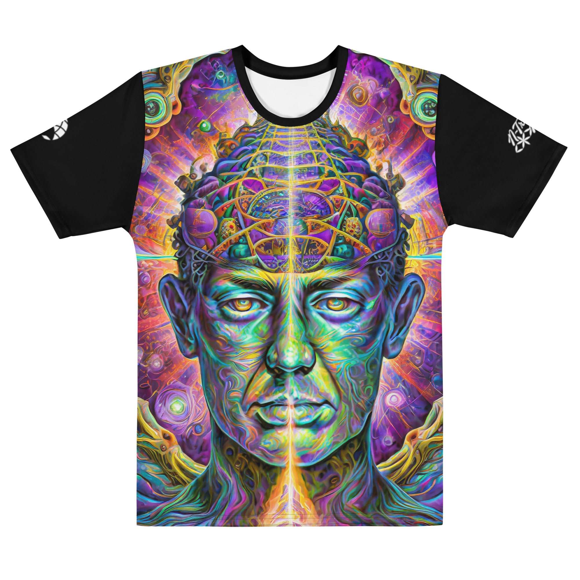 Mind of the All men’s t-shirt — visionary portrait with sacred geometry overlays on back