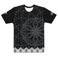 Men’s t-shirt with black sacred geometry print, white diamond trim at hem, and NTrendSic Mystic branding on back and sleeves.